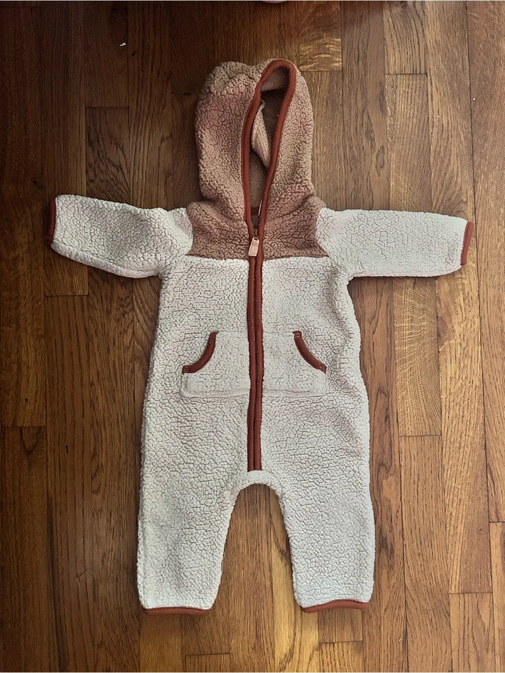 Cozy Cream Sherpa Hooded One-Piece with Rust Trim